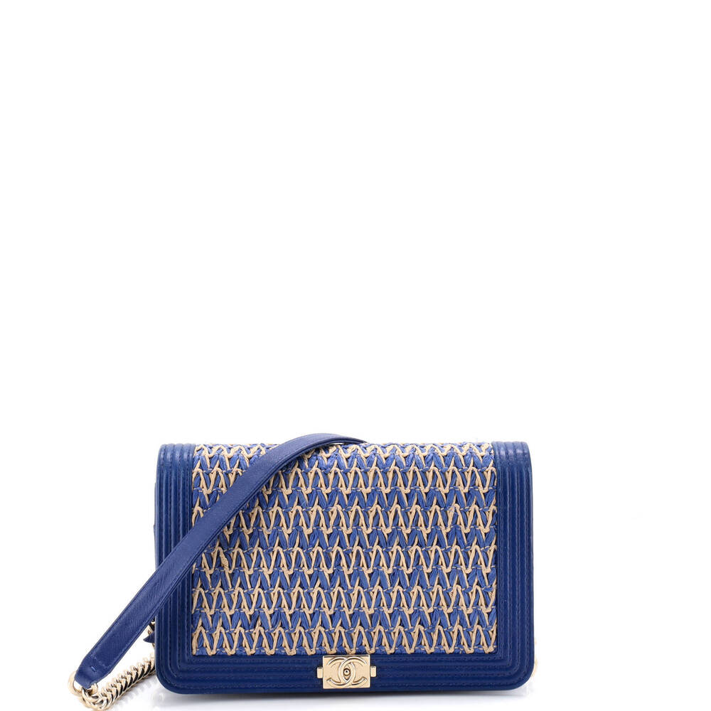 Chanel Old Medium Boy Flap Bag Chevron Woven Raffia and Leather